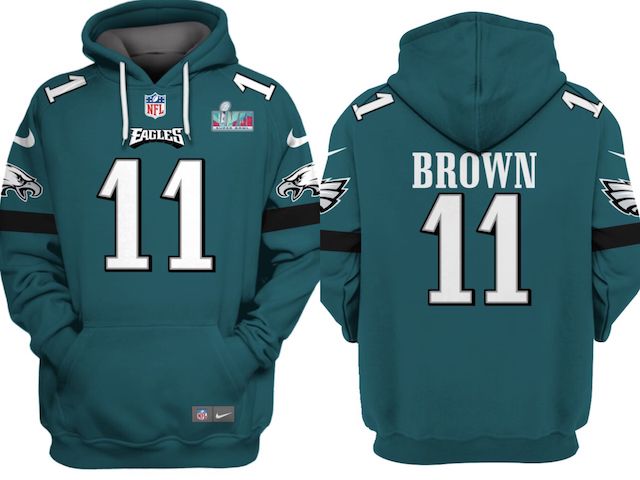 Men's Philadelphia Eagles #11 A.J. Brown Green Super Bowl LVII Patch Pullover Hoodie